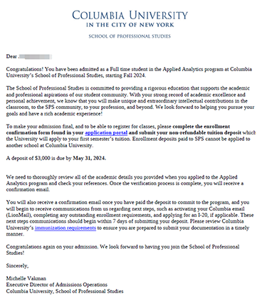 哥伦比亚大学录取通知书